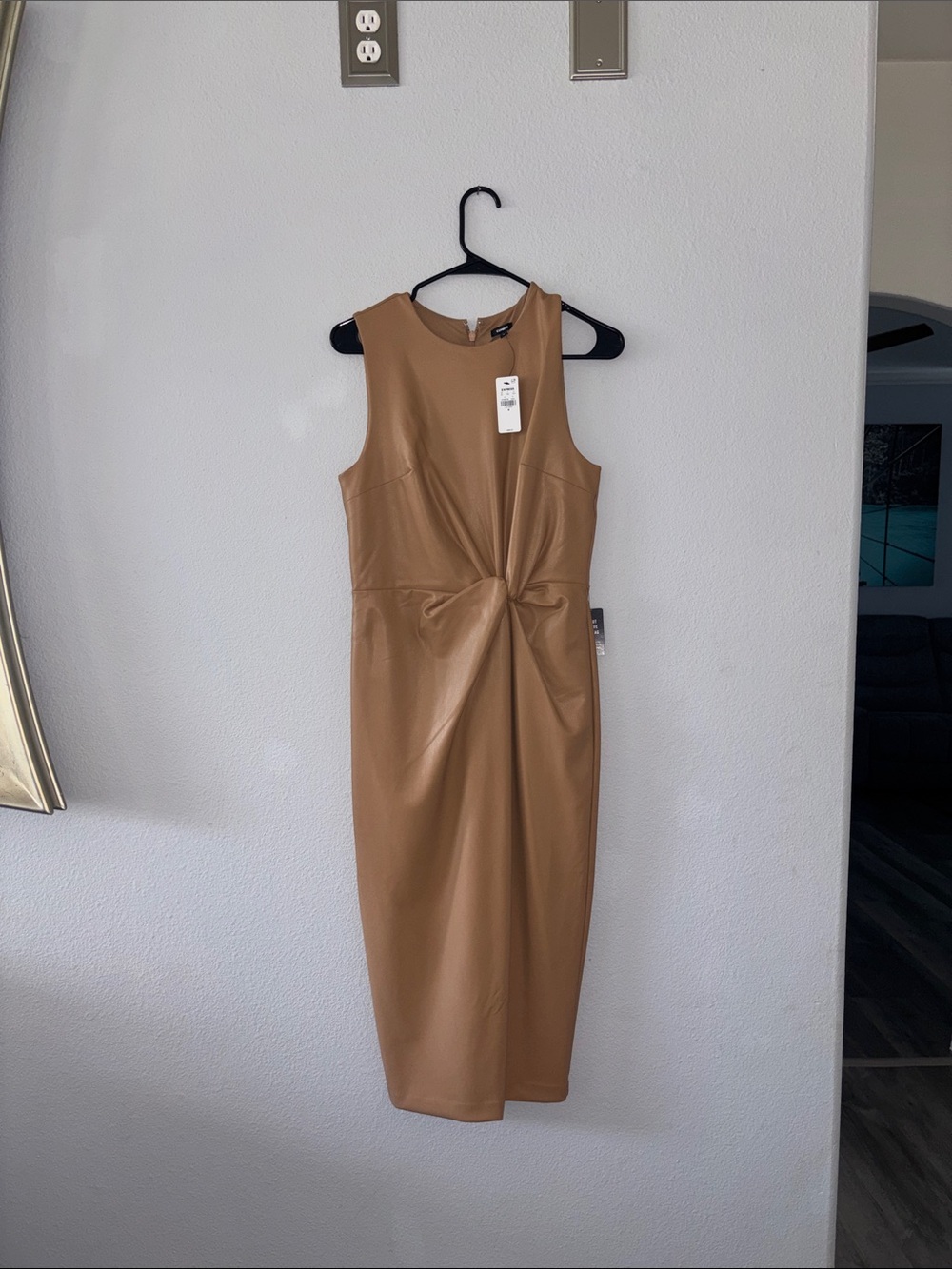 Express Tan Twist-Front Sleeveless Midi Dress